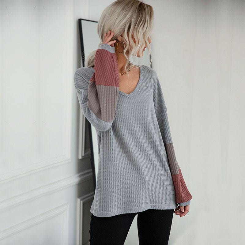 Waffle Knit Striped Sleeve Sweater