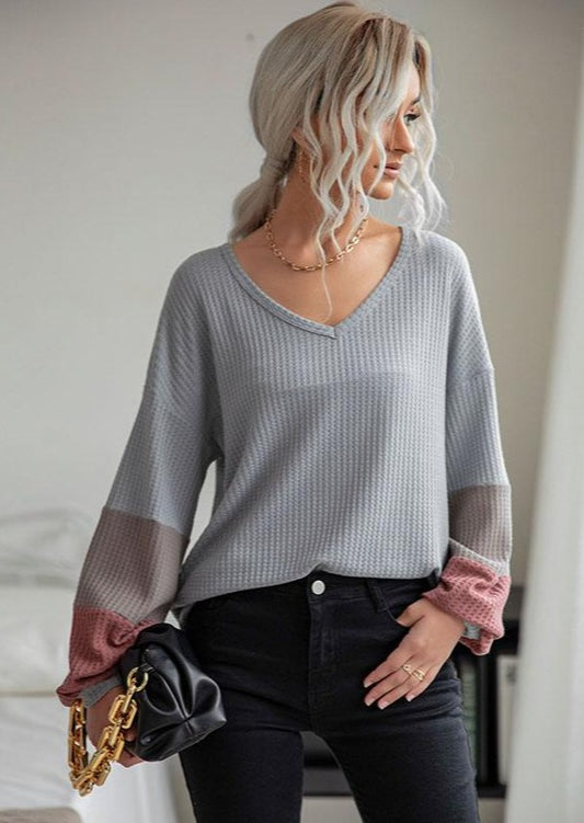 Waffle Knit Striped Sleeve Sweater