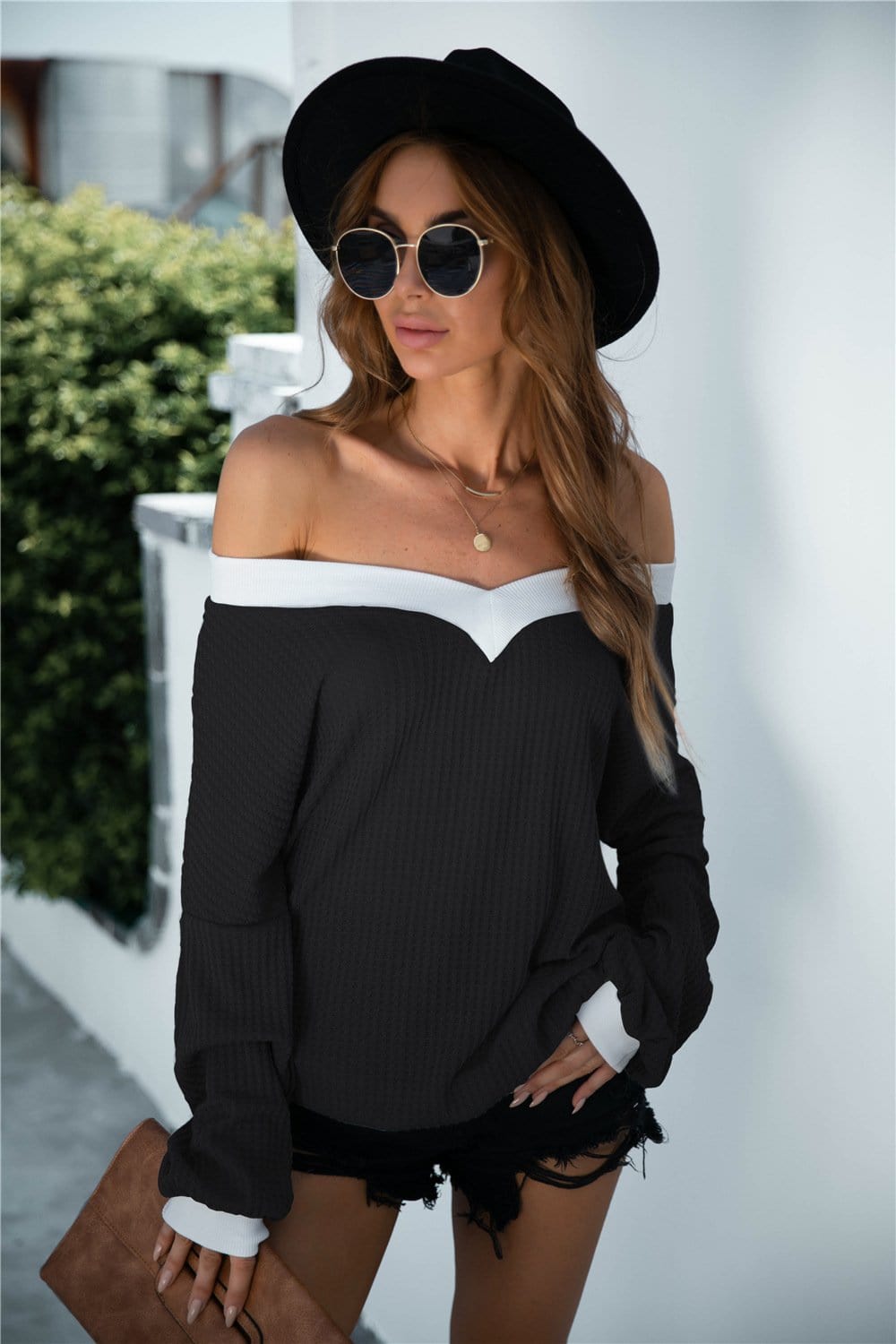 Off Shoulder Two Tone Sweater