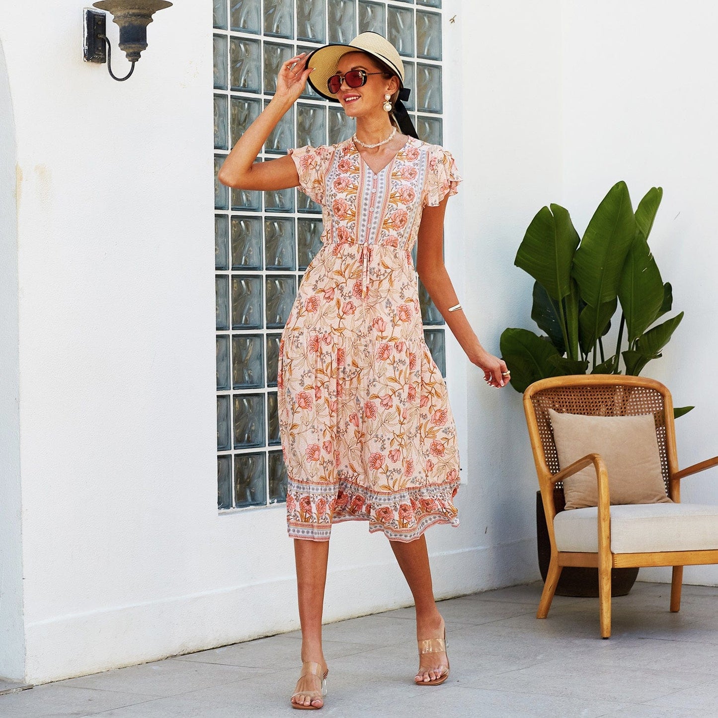 Floral Print Butterfly Sleeve Dress