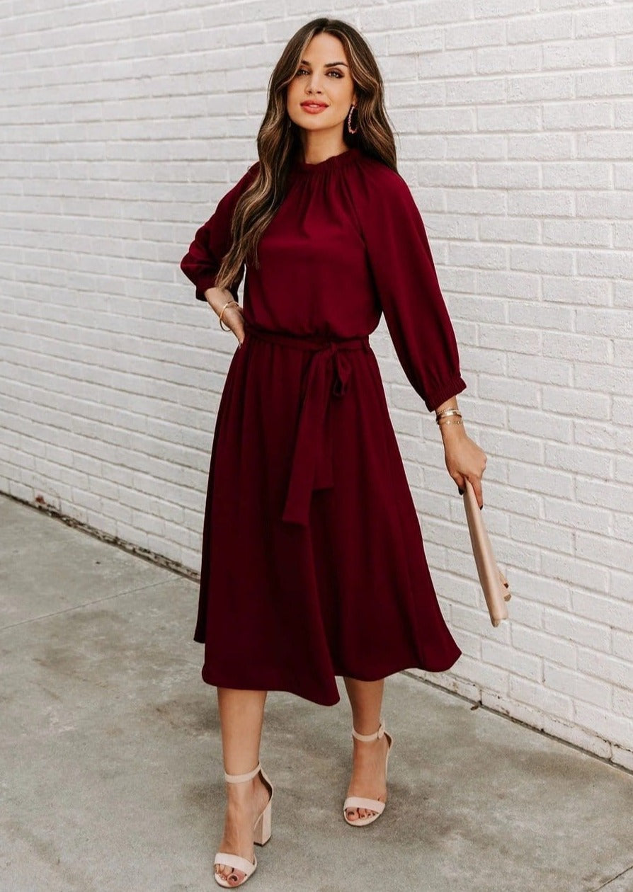 Gathered Neck Tie Waist Dress