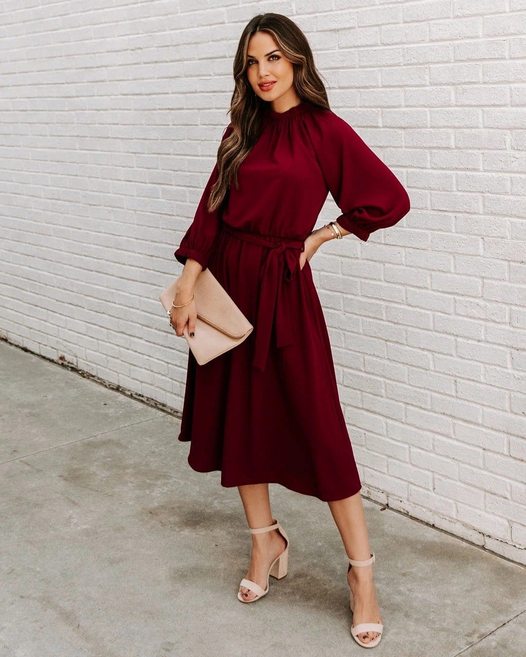 Gathered Neck Tie Waist Dress