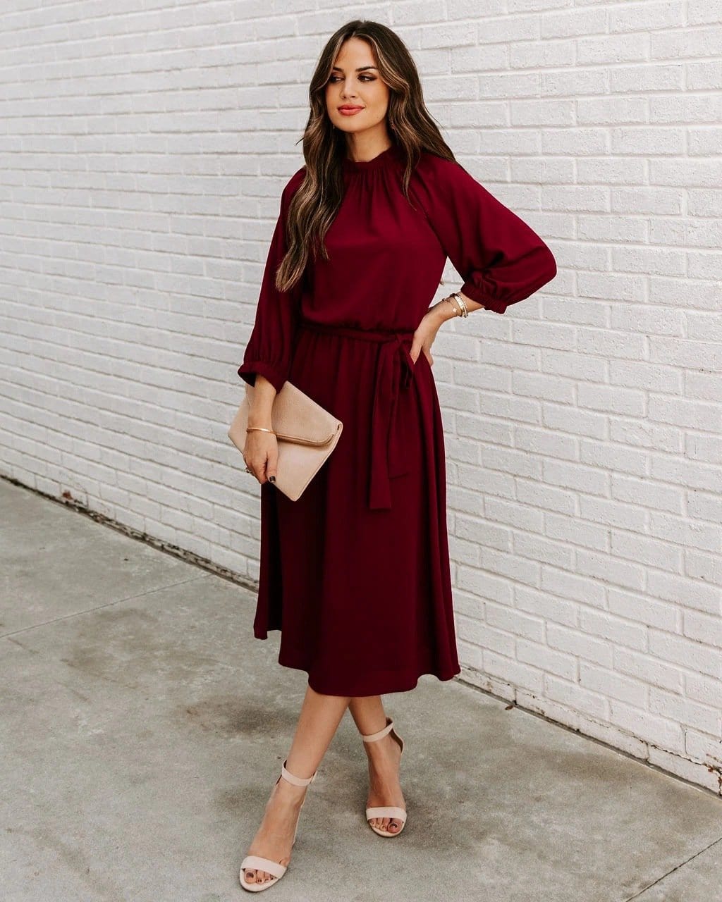 Gathered Neck Tie Waist Dress