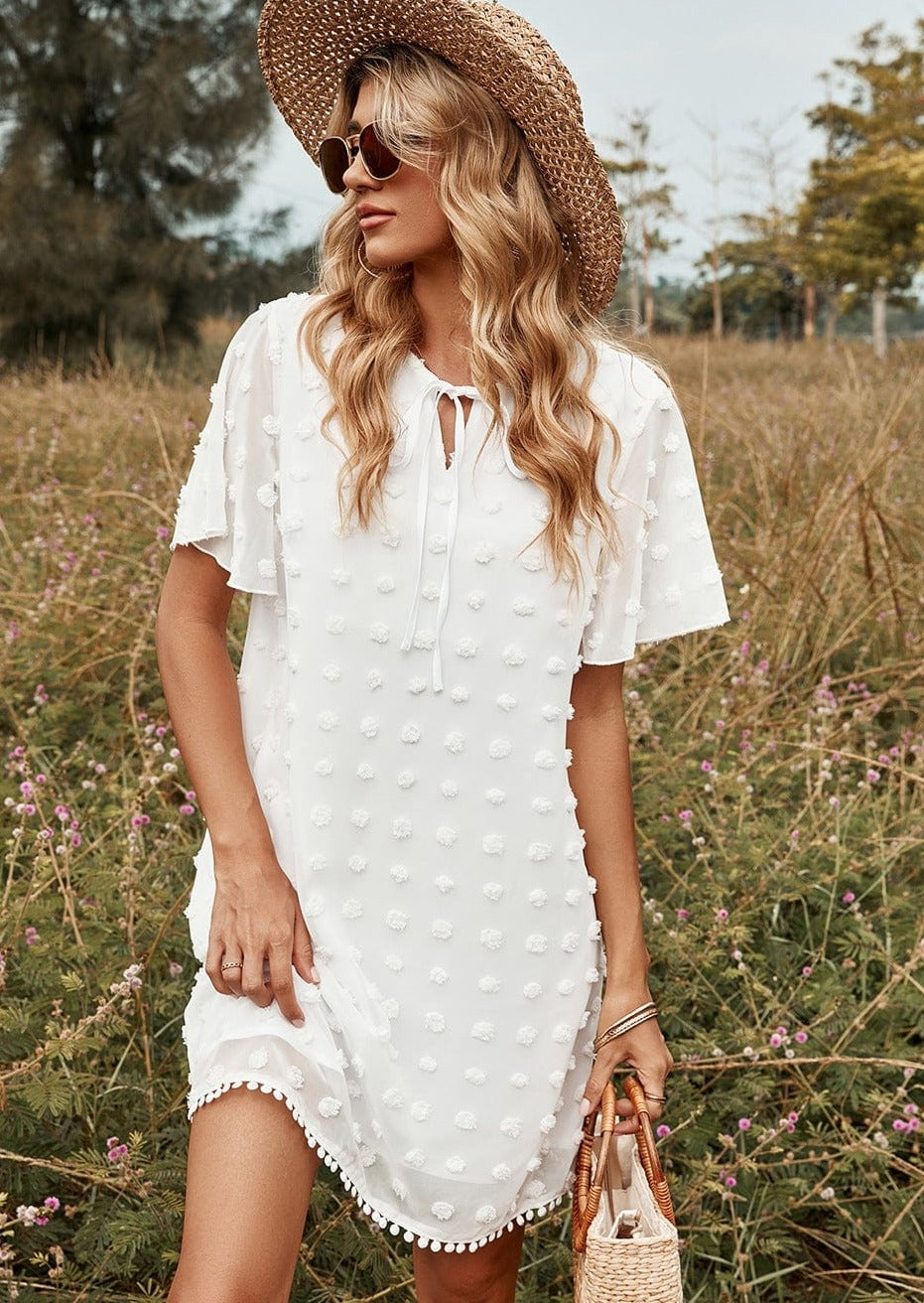 Clip Dot Pom Pom Trim Dress - Large 8-10 / Whihe Clip Dot Pom Pom Trim Dress - Large 8-10 / Whihe