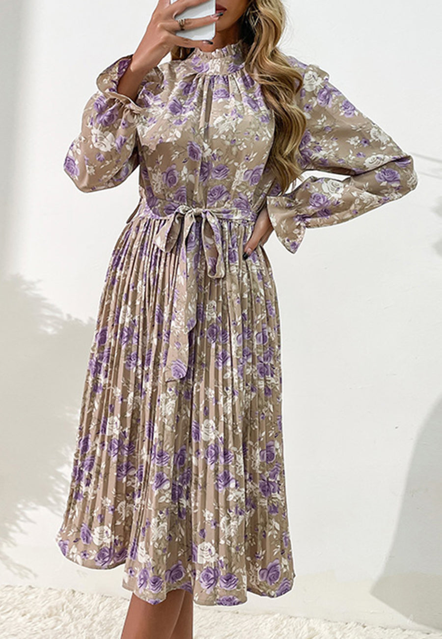 Tie Waist Pleated Floral Dress