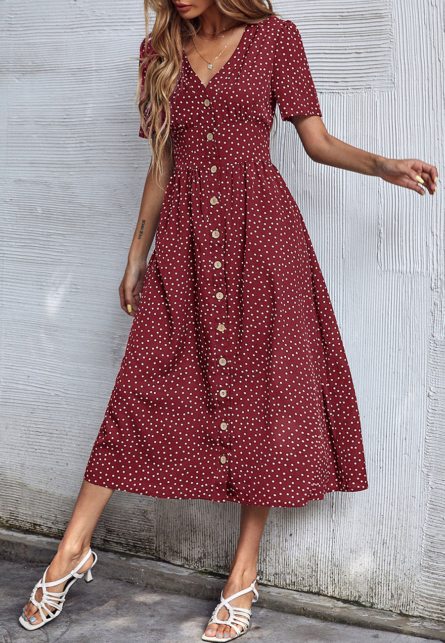 Polka Dot Button Casual Dress