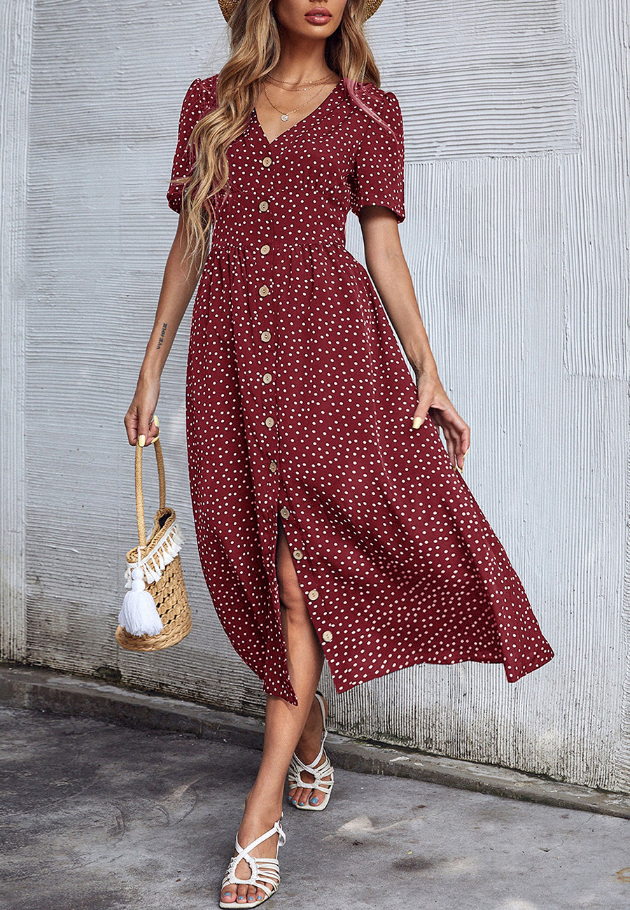 Polka Dot Button Casual Dress