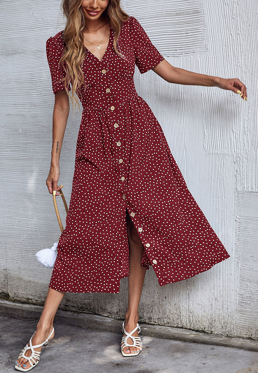 Polka Dot Button Casual Dress