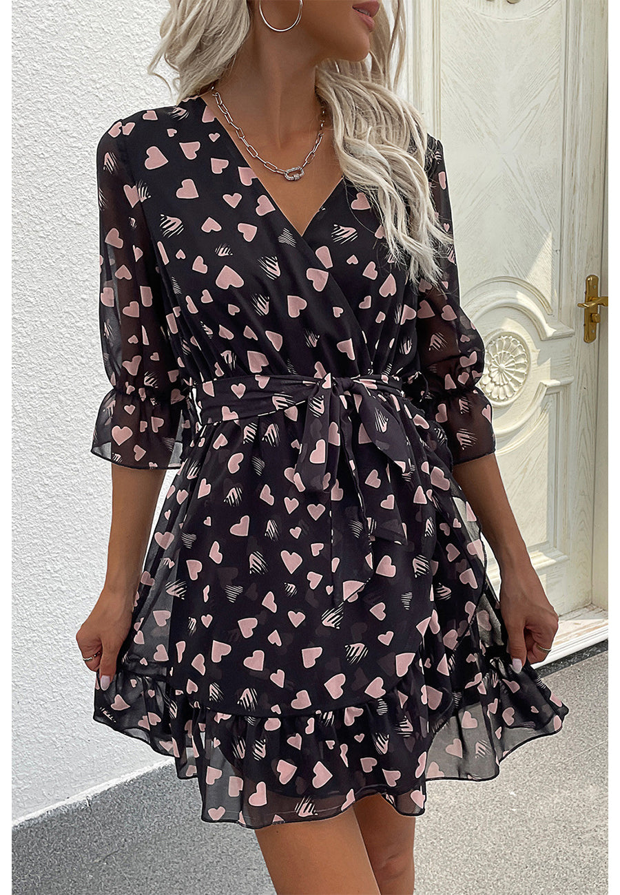 Heart Print Surplice Neck Dress