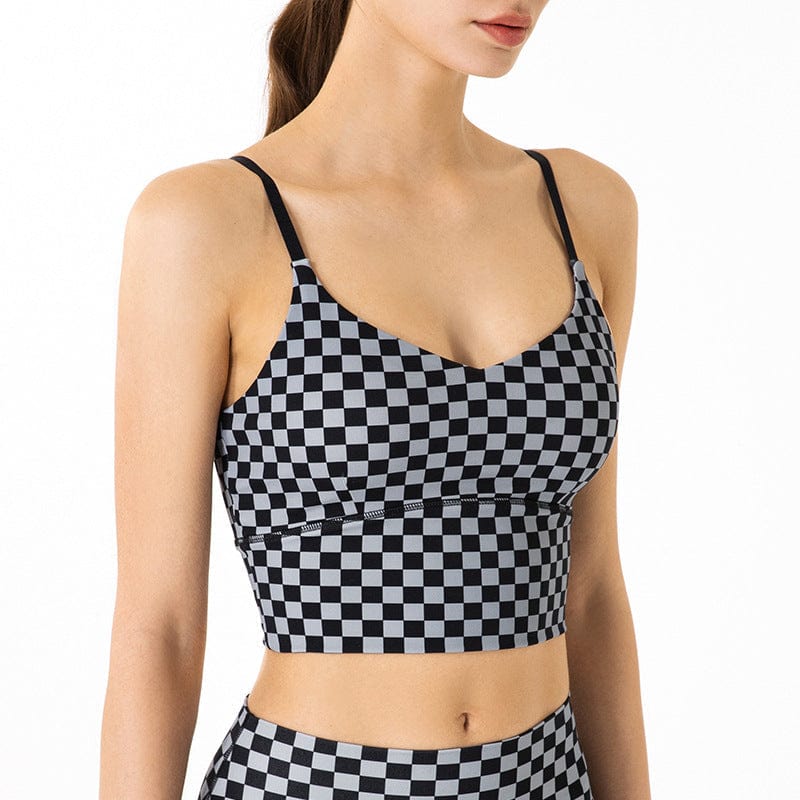 Checkered Adjustable Thin Strap Longline Sports Bra