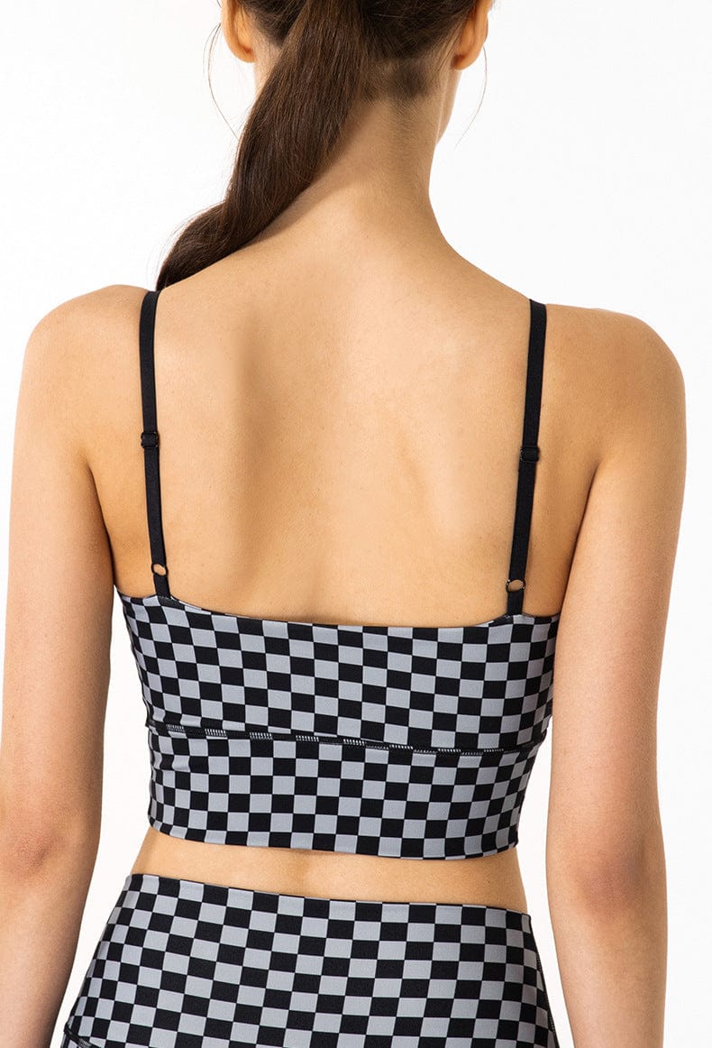 Checkered Adjustable Thin Strap Longline Sports Bra