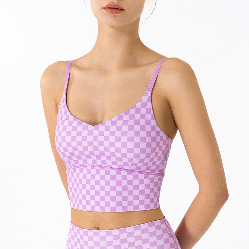 Checkered Adjustable Thin Strap Longline Sports Bra