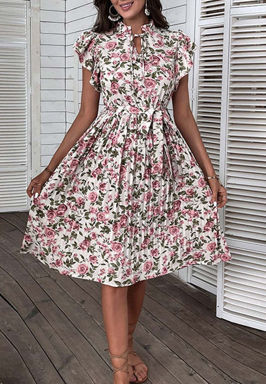Tie Ruffle Neck Vintage Floral Print Pleated Dress for Women