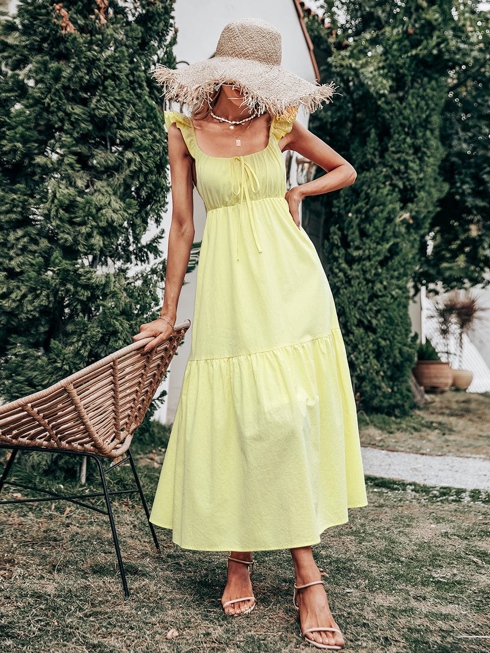Square Neck Ribbon Detail Ruffle Strap Dress Above Ankle Length Anna-Kaci Square Neck Ribbon Detail Ruffle Strap Dress Above Ankle Length Anna-Kaci