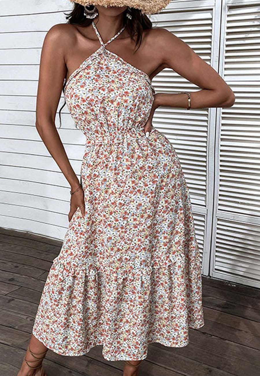 Vestido floral con escote en V y cintura fruncida