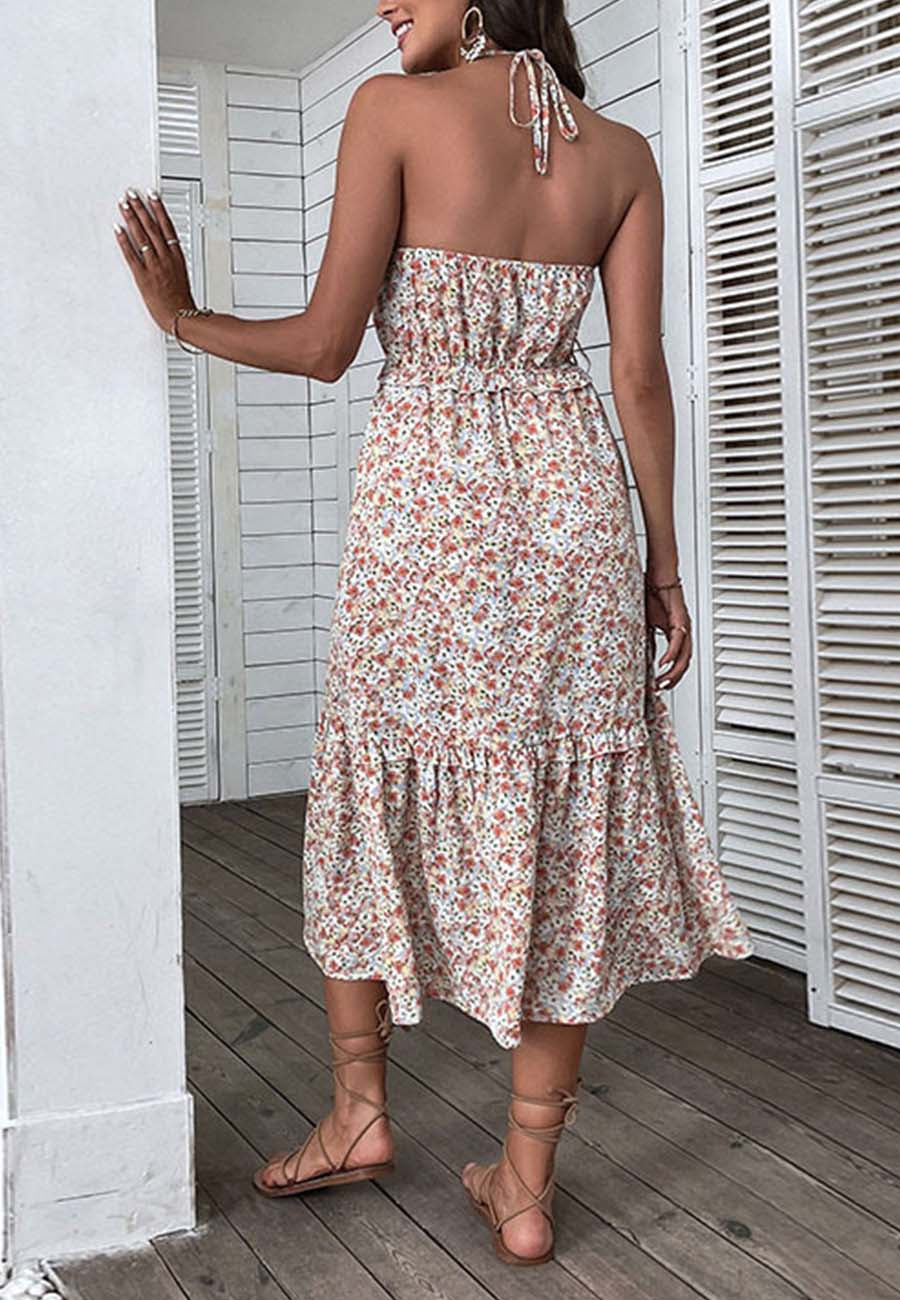 Vestido floral con escote en V y cintura fruncida