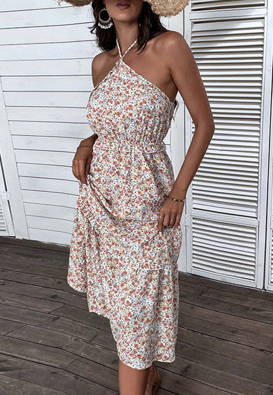 Vestido floral con escote en V y cintura fruncida