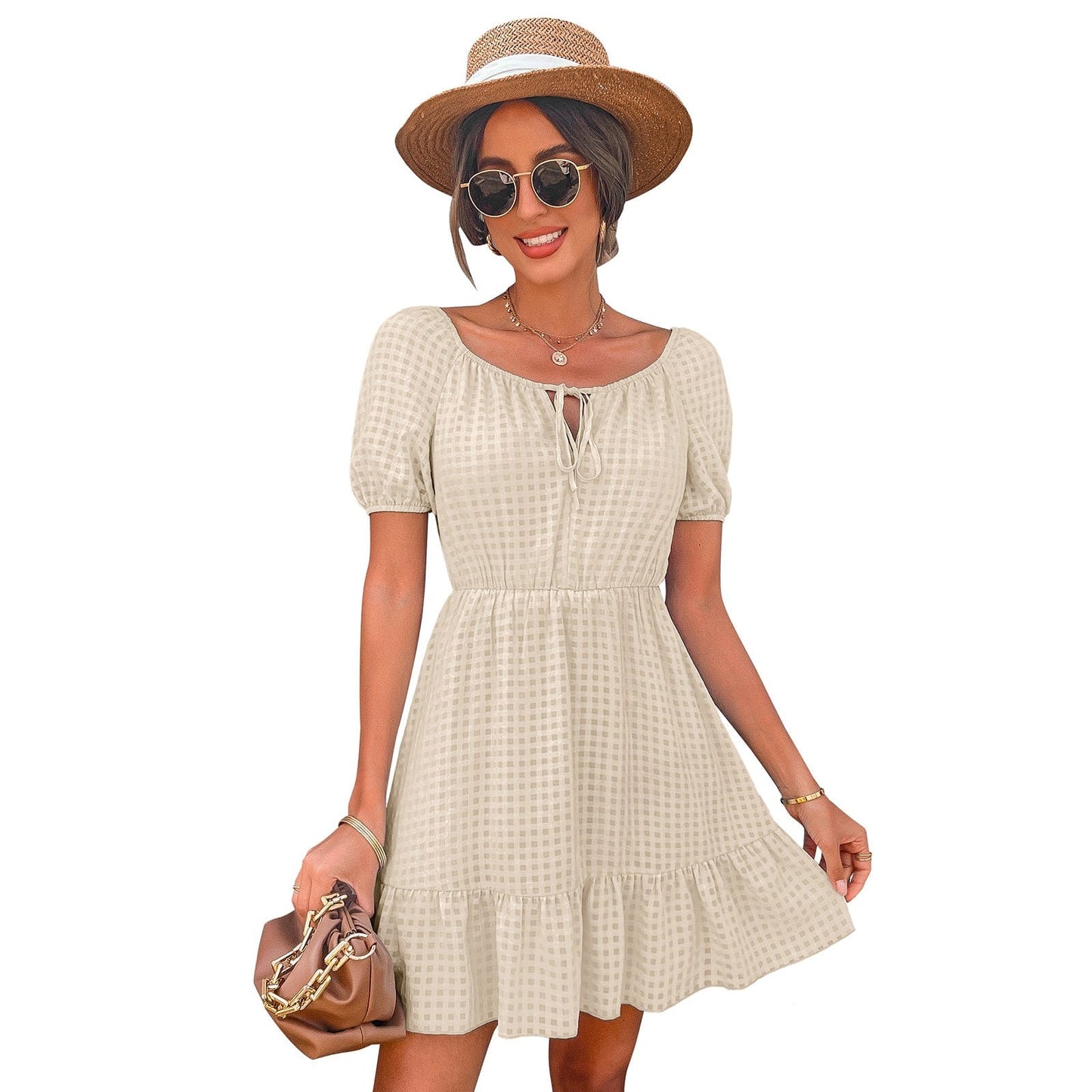 Tie Neck Gingham Print Dress