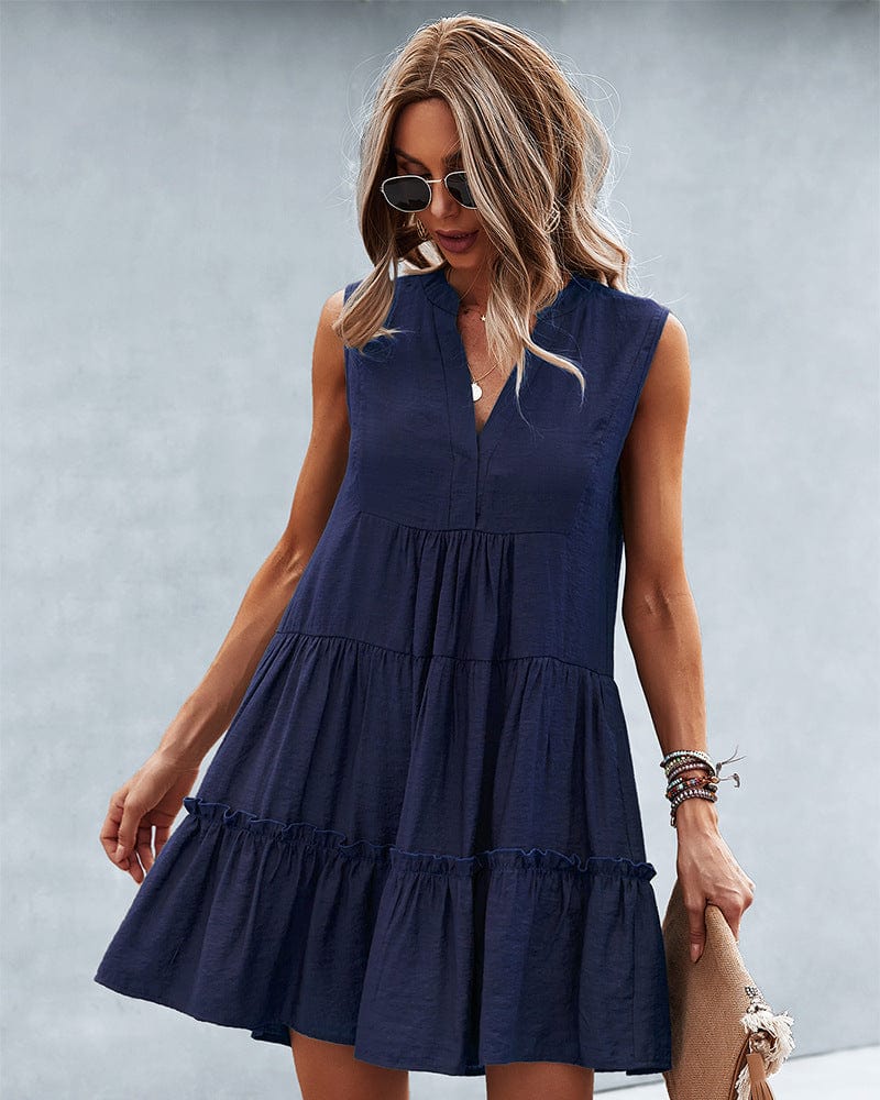 Notched Collar Ruffle Down Lux Dress