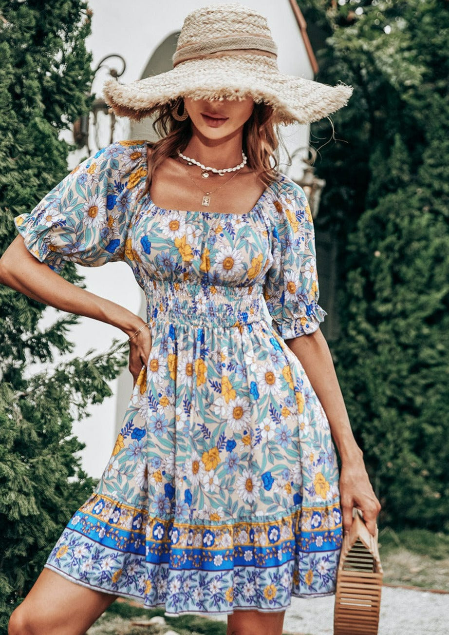 Square Neck Floral Print Smocked Waist Puff Sleeve Dress for Women Anna-Kaci Square Neck Floral Print Smocked Waist Puff Sleeve Dress for Women Anna-Kaci