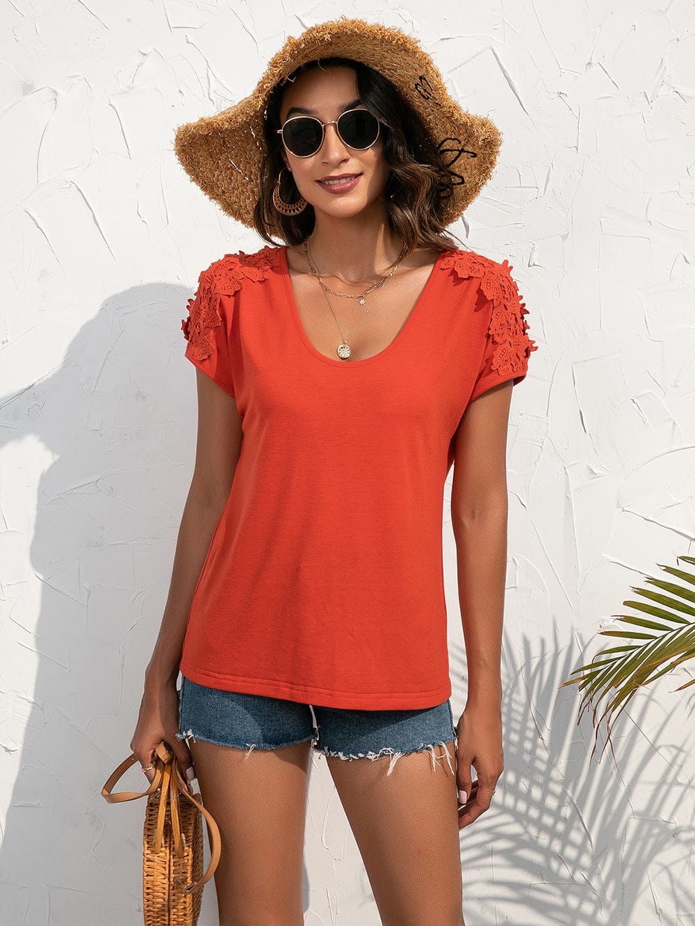 Shoulder Cutout Lace Sleeve Shirt
