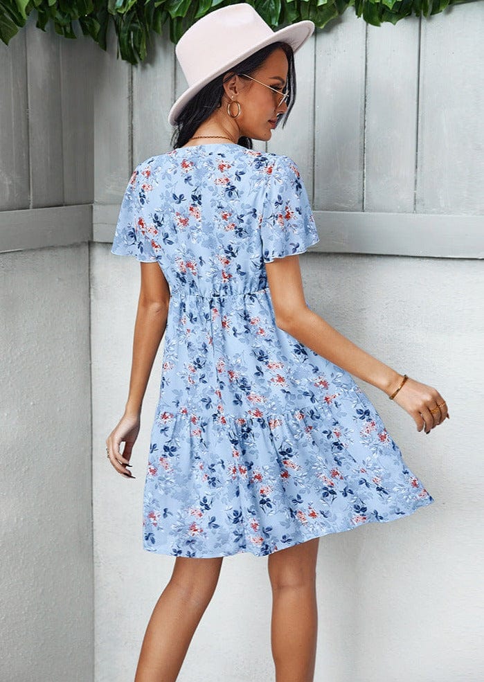 Anna-Kaci Women's Short Sleeve V-Neck Tiered Floral Print Mini Dress with Relaxed Flowing Silhouette