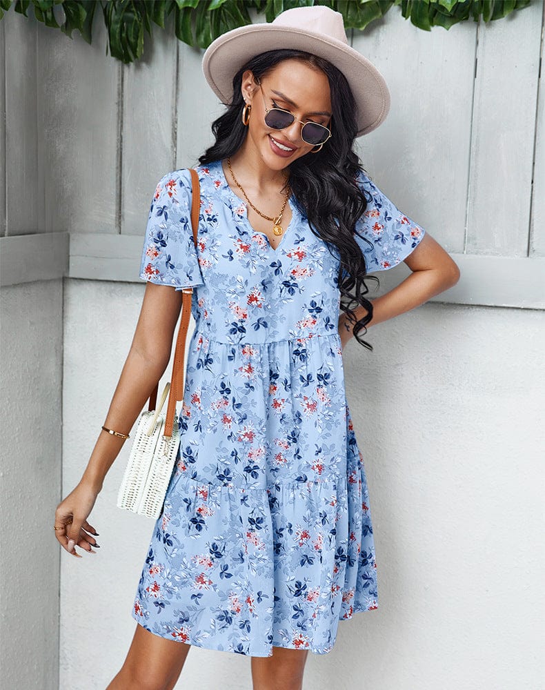 Anna-Kaci Women's Short Sleeve V-Neck Tiered Floral Print Mini Dress with Relaxed Flowing Silhouette