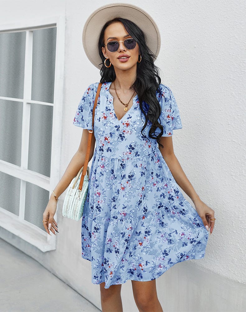 Anna-Kaci Women's Short Sleeve V-Neck Tiered Floral Print Mini Dress with Relaxed Flowing Silhouette