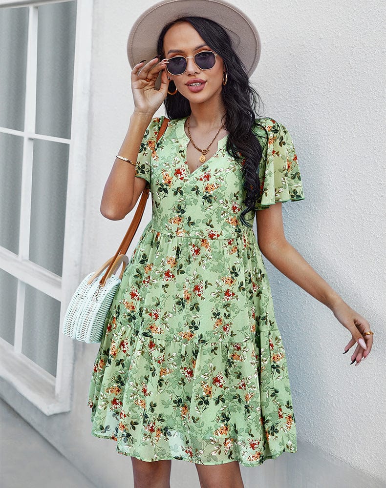 Anna-Kaci Women's Short Sleeve V-Neck Tiered Floral Print Mini Dress with Relaxed Flowing Silhouette
