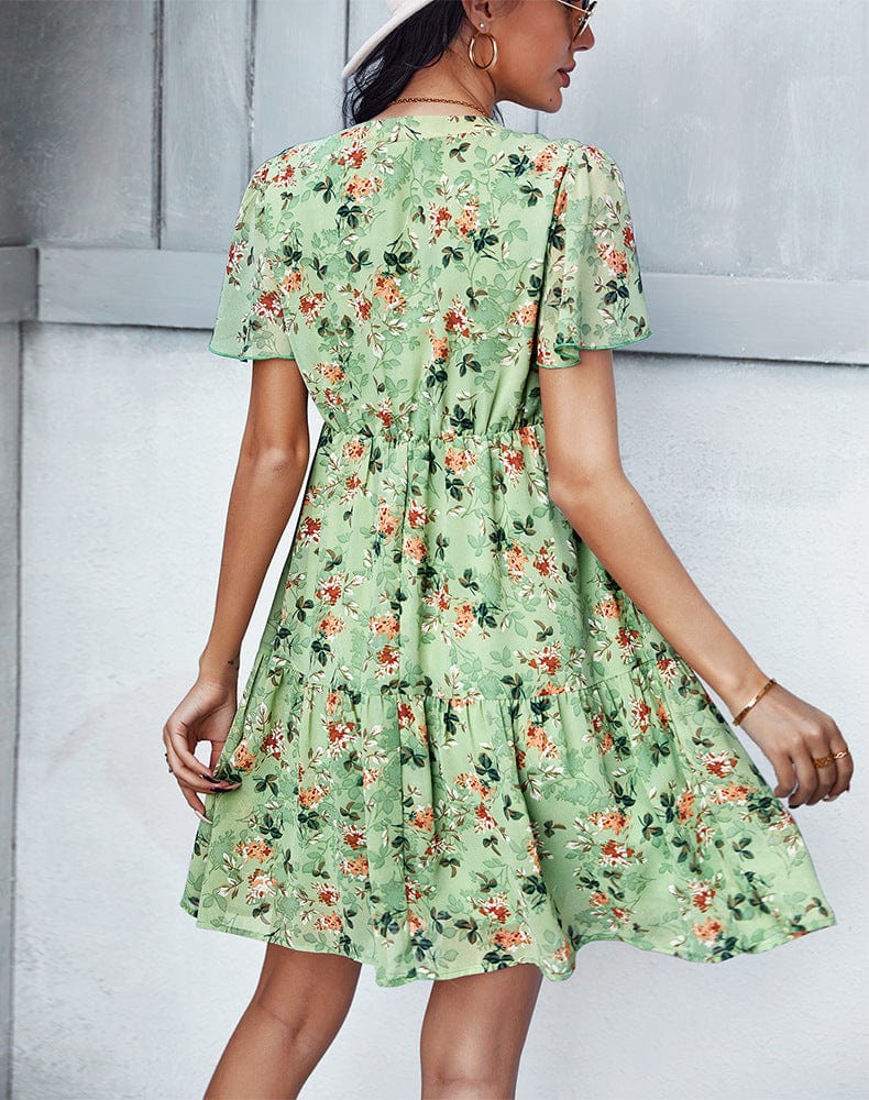 Anna-Kaci Women's Short Sleeve V-Neck Tiered Floral Print Mini Dress with Relaxed Flowing Silhouette