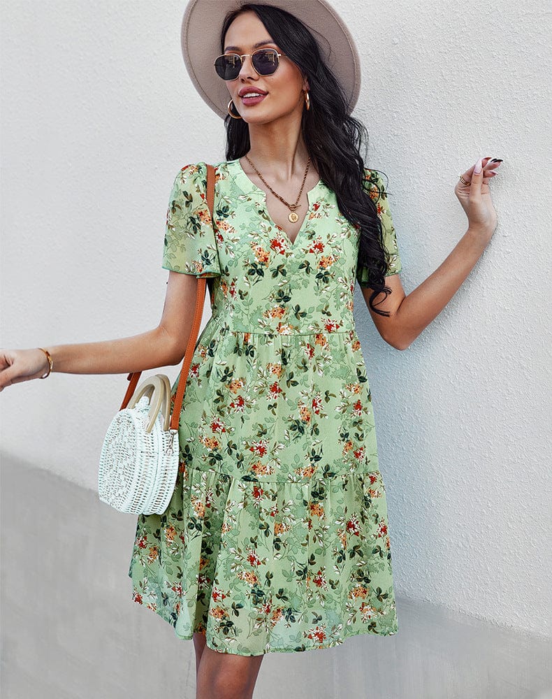 Anna-Kaci Women's Short Sleeve V-Neck Tiered Floral Print Mini Dress with Relaxed Flowing Silhouette