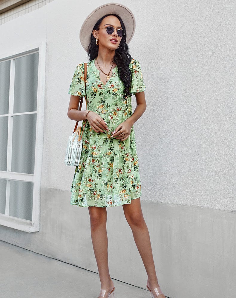 Anna-Kaci Women's Short Sleeve V-Neck Tiered Floral Print Mini Dress with Relaxed Flowing Silhouette