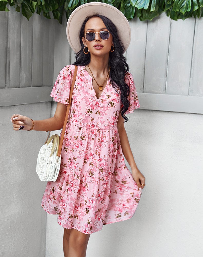 Anna-Kaci Women's Short Sleeve V-Neck Tiered Floral Print Mini Dress with Relaxed Flowing Silhouette