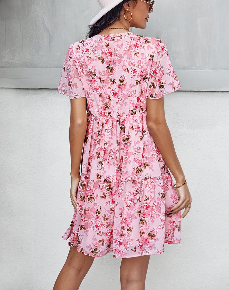 Anna-Kaci Women's Short Sleeve V-Neck Tiered Floral Print Mini Dress with Relaxed Flowing Silhouette