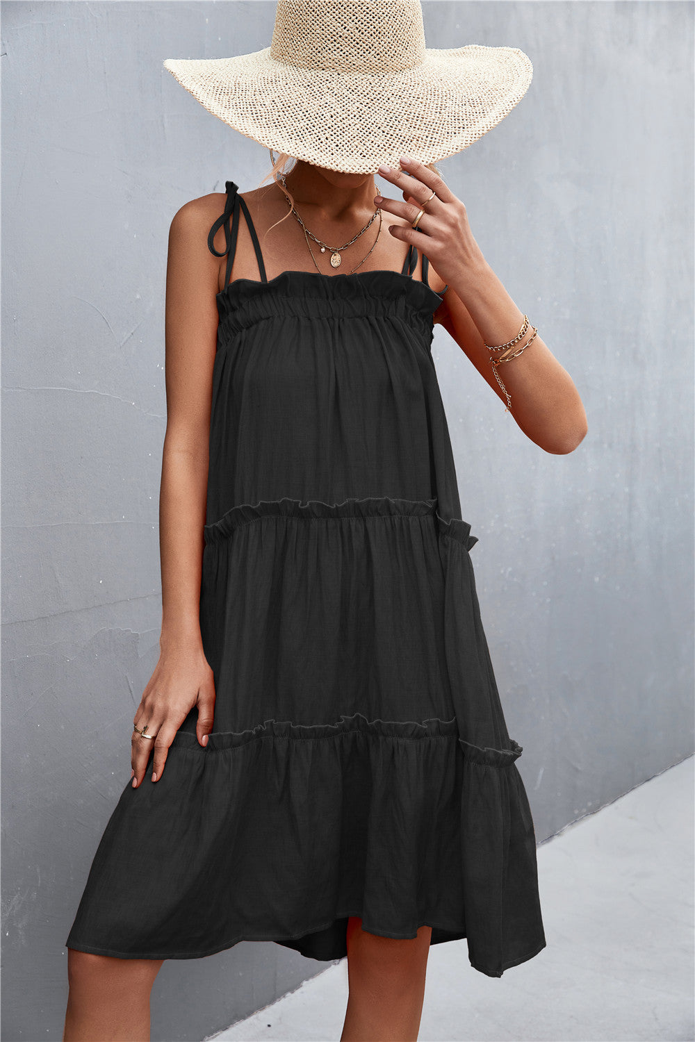 Straight Neck Tie Shoulder Dress