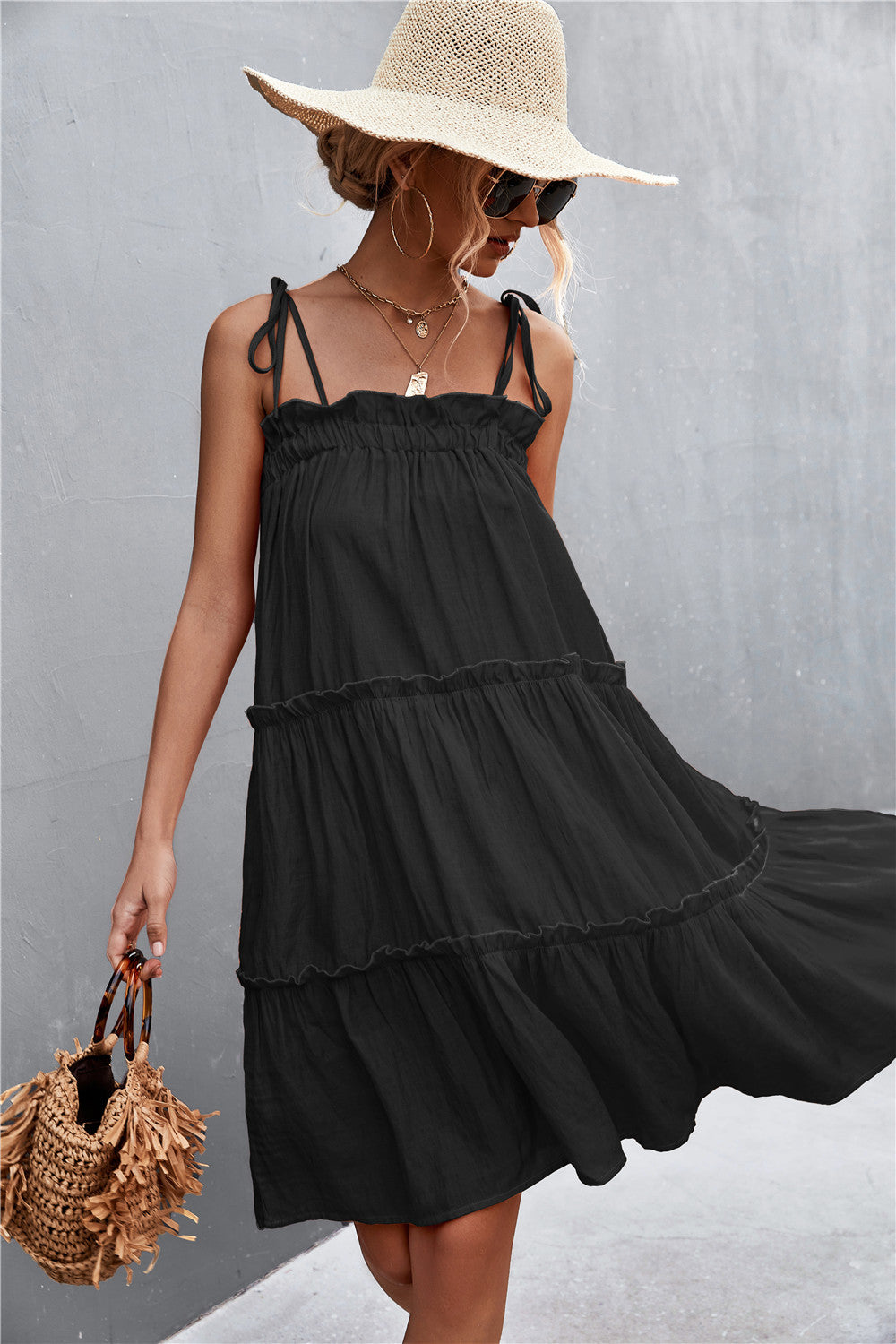 Straight Neck Tie Shoulder Dress