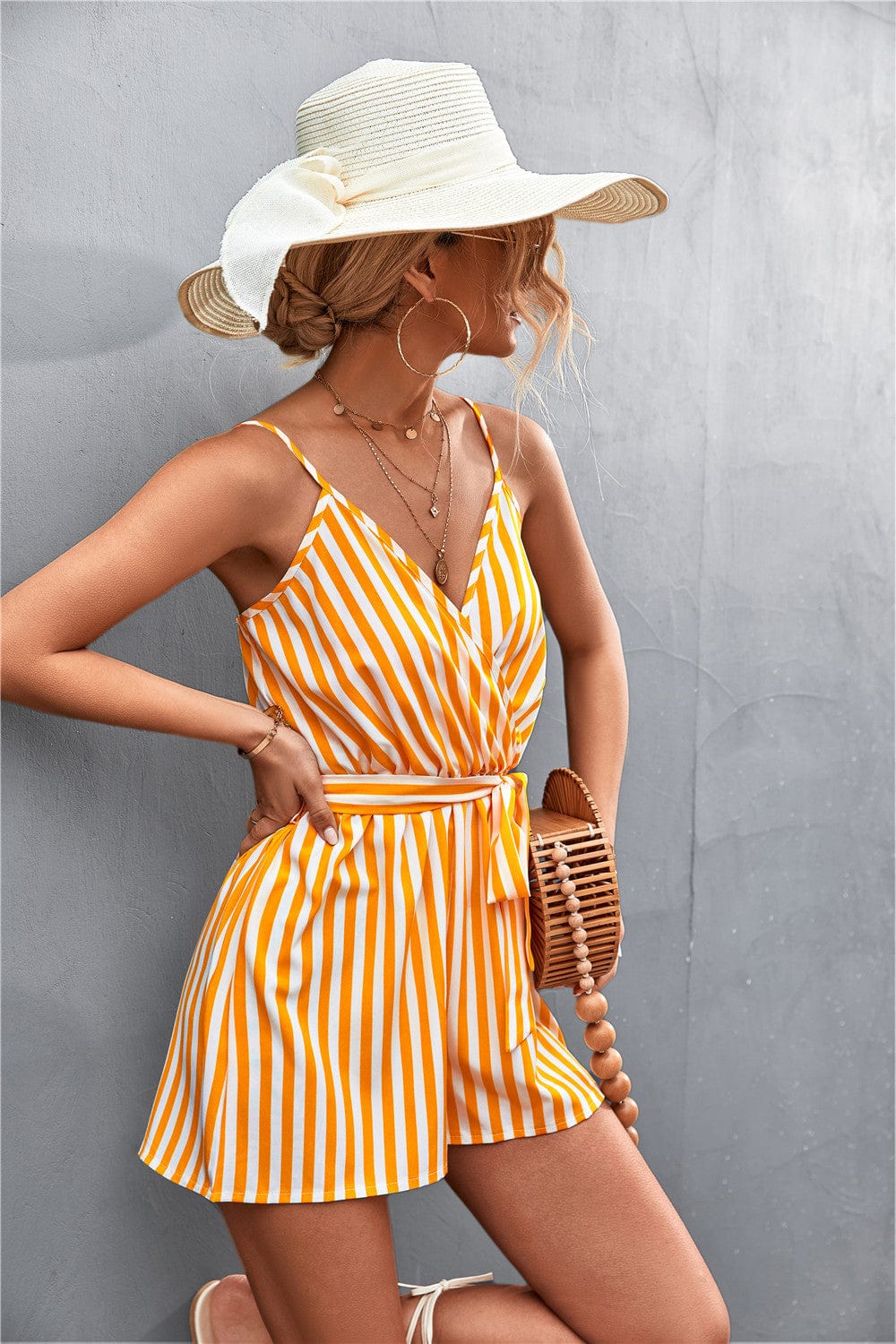 Surplice Neck Striped Romper