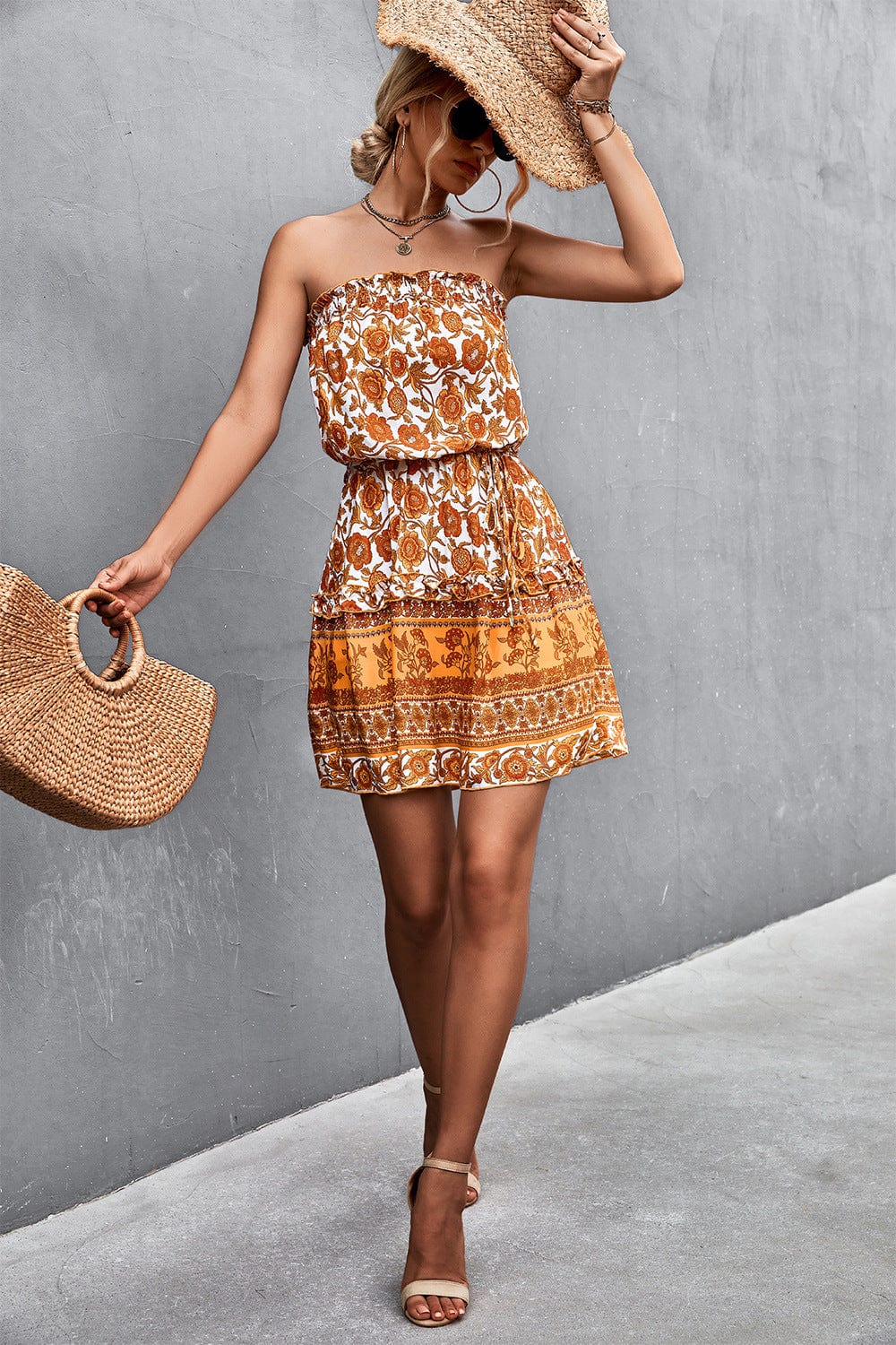 Strapless Boho Print Summer Dress