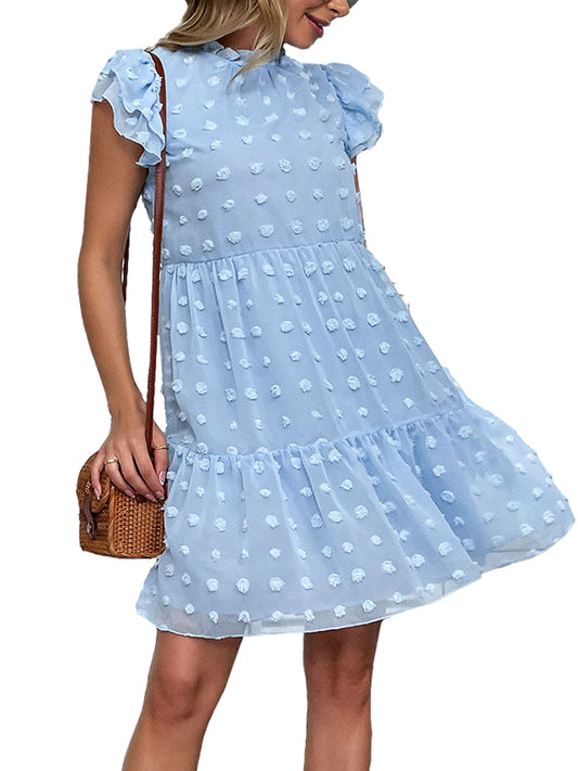 Vestido informal de verano con lunares suizos, cuello alto, manga corta y volantes, holgado