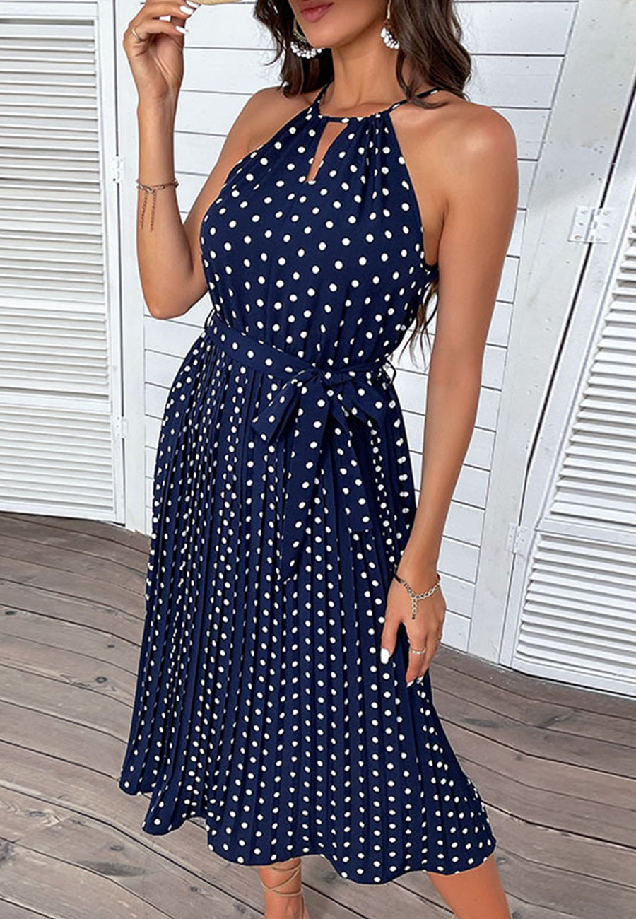Keyhole Front Halter Polka Dot Print Dress for Women Knee Length Keyhole Front Halter Polka Dot Print Dress for Women Knee Length