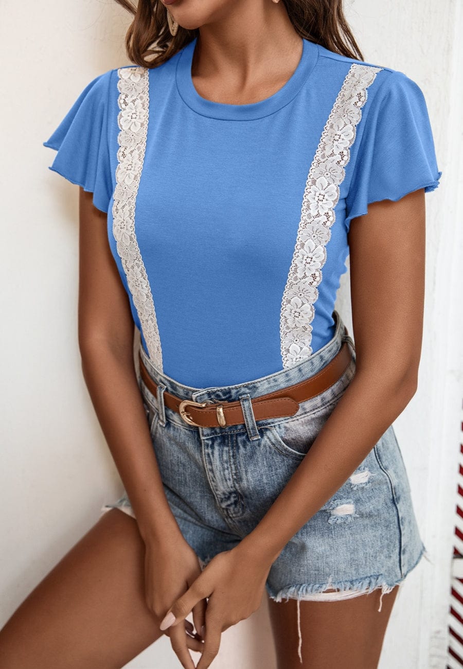 Blusa con mangas abullonadas y ribete de encaje
