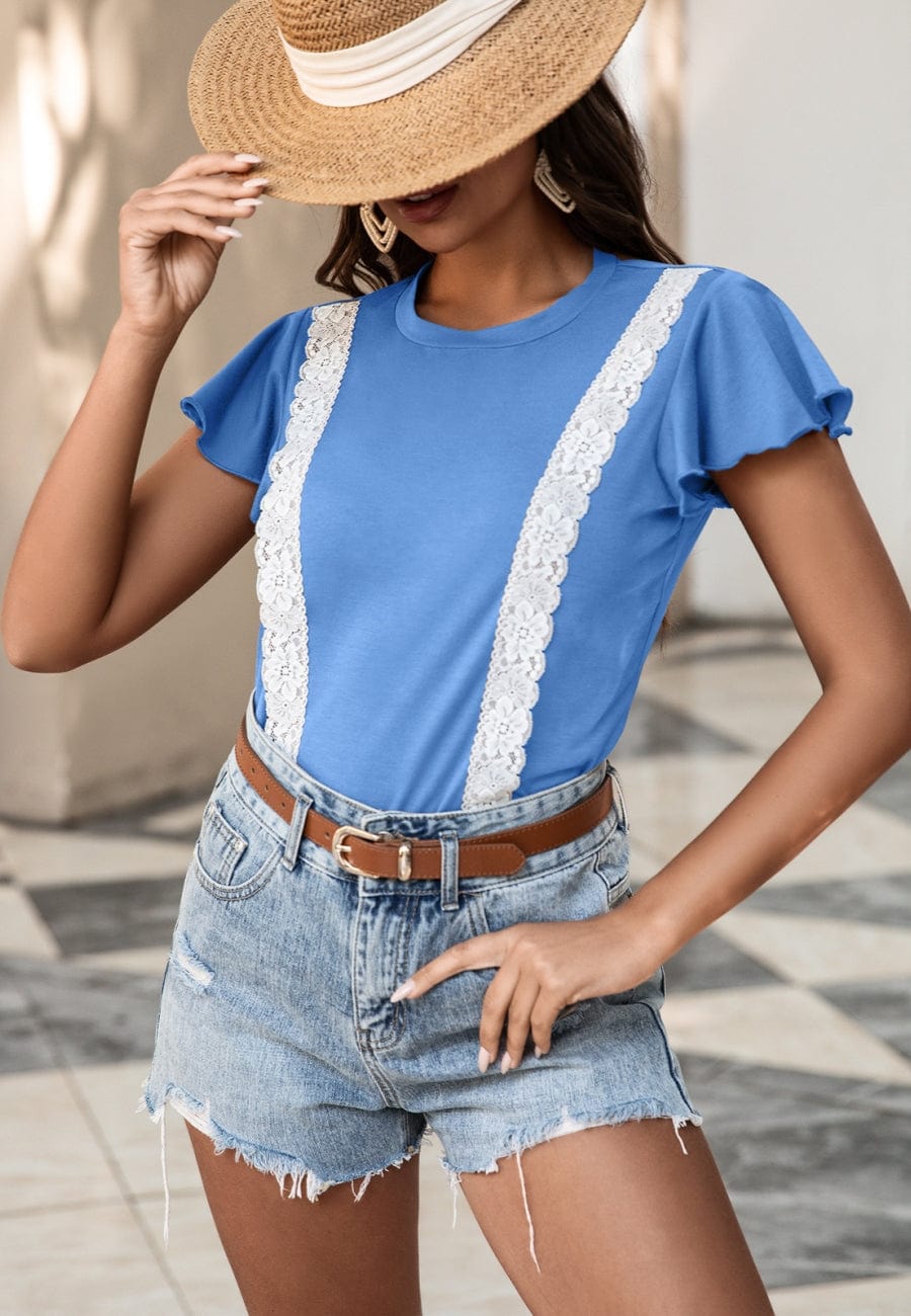 Blusa con mangas abullonadas y ribete de encaje