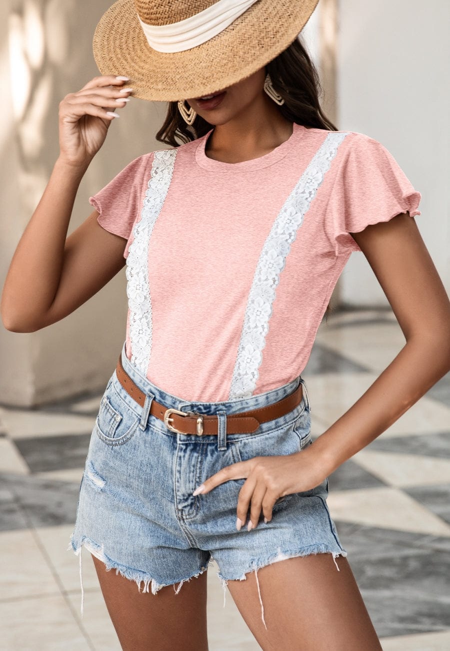 Blusa con mangas abullonadas y ribete de encaje