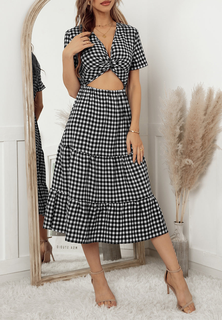 Gingham Print Twist Front Dress