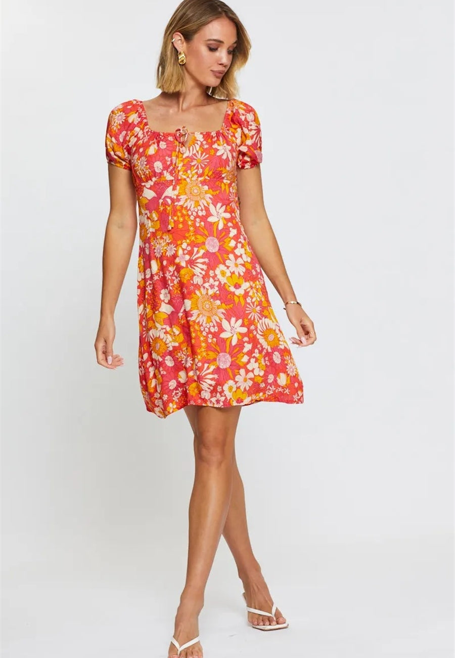 Tropical Floral Puff Sleeve Dress