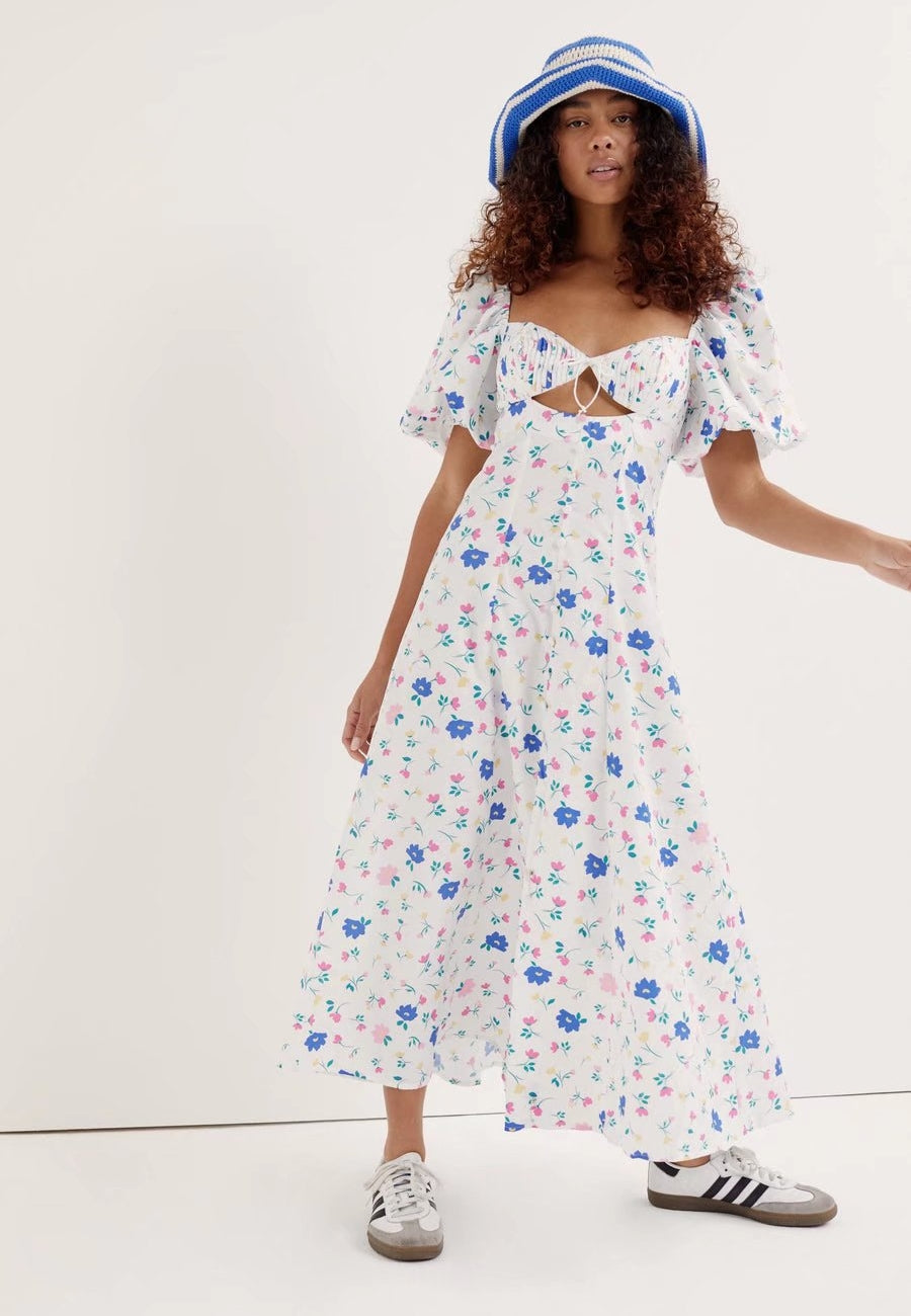 Puff Sleeve Pleated Bust Dress