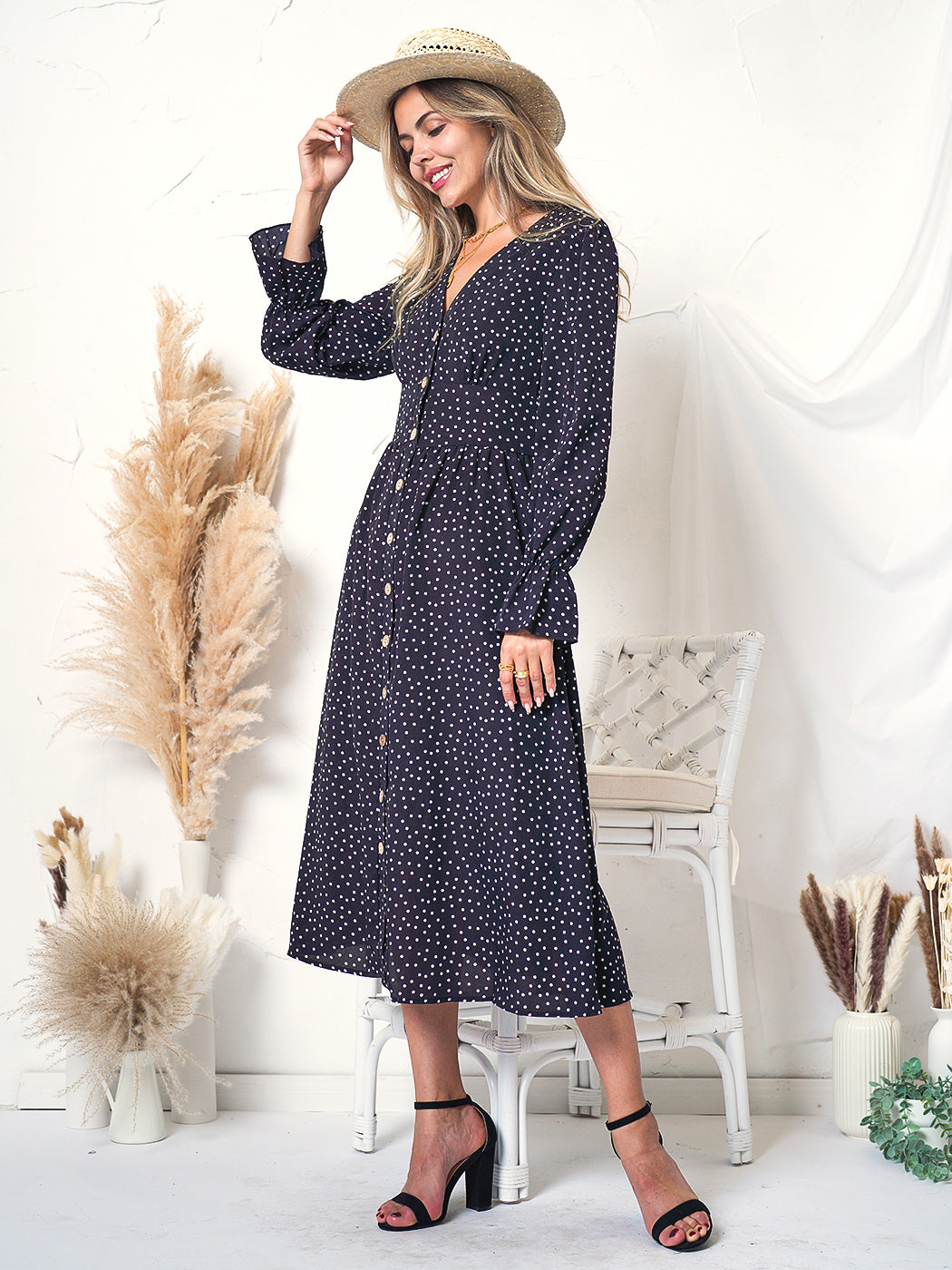 V Neck Long Sleeve Polka Dot Print Button Down Dress for Women Anna-Kaci V Neck Long Sleeve Polka Dot Print Button Down Dress for Women Anna-Kaci