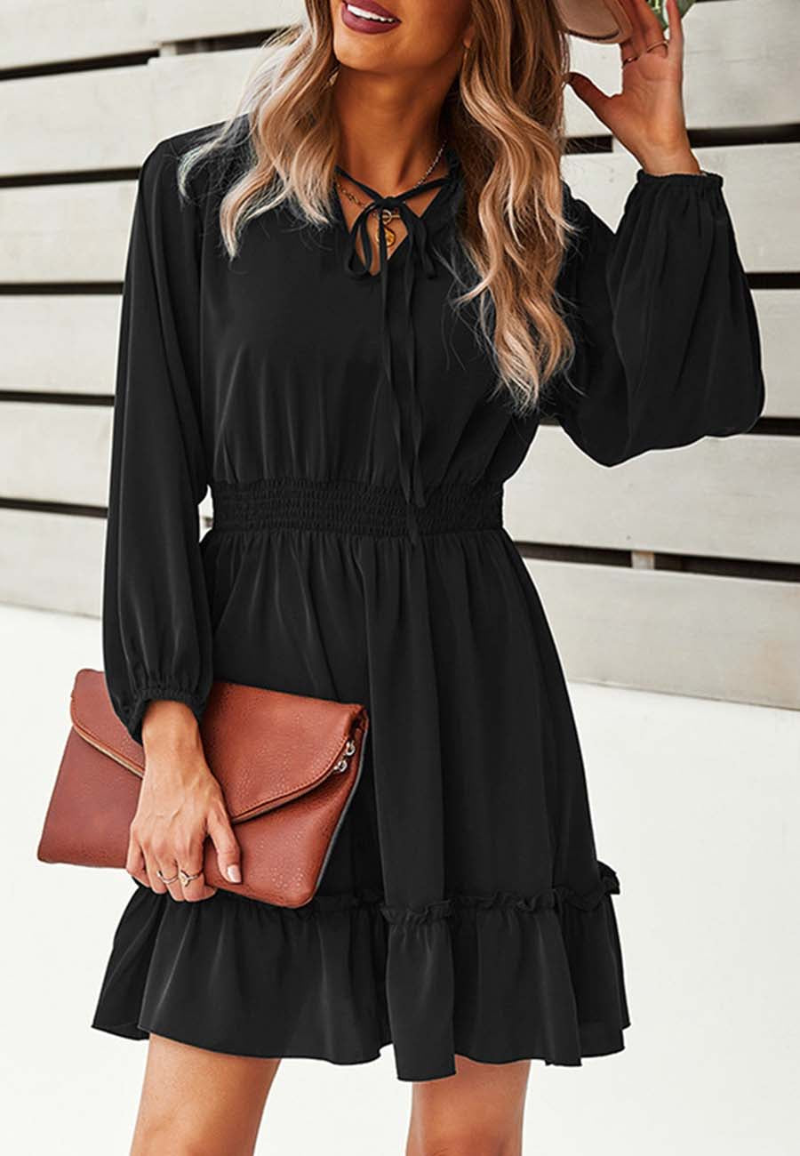 Vestido liso con cintura fruncida