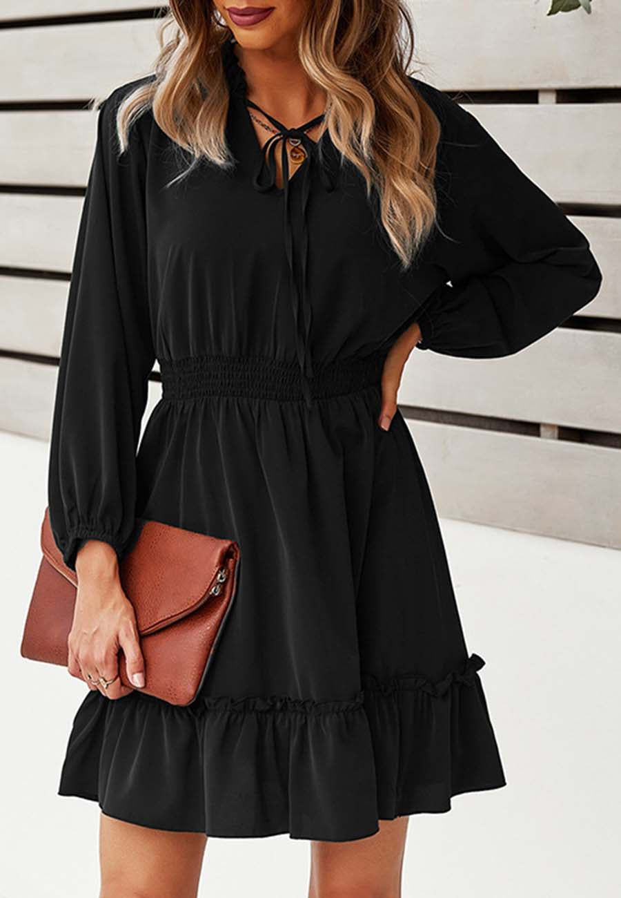 Vestido liso con cintura fruncida