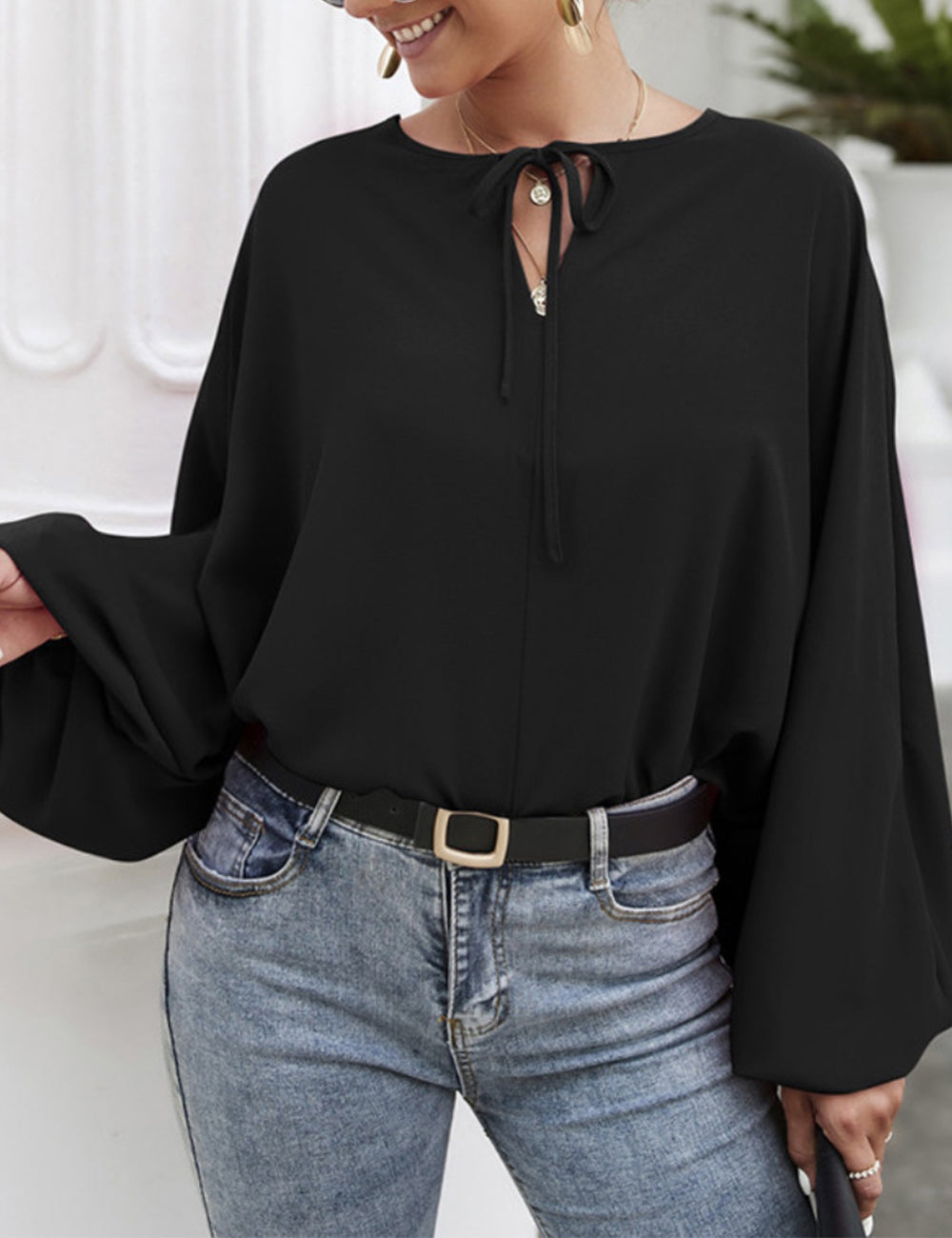 Tie Neck Dolman Sleeve Blouse